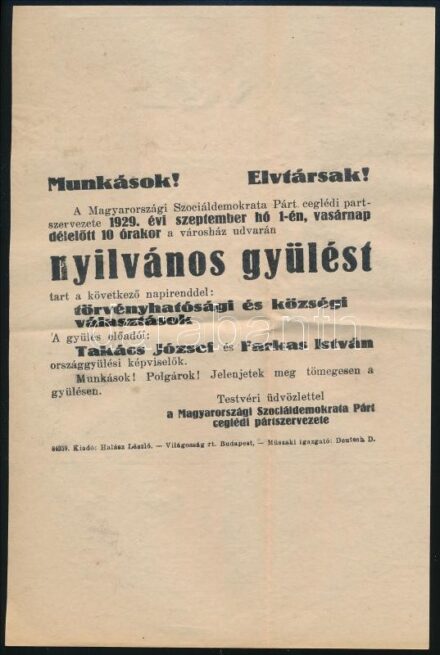 1939 Mszdp Ceglédi pártszervezet munkásgyűlésre felhívó szórólap illetékbélyeggel 16x24 cm