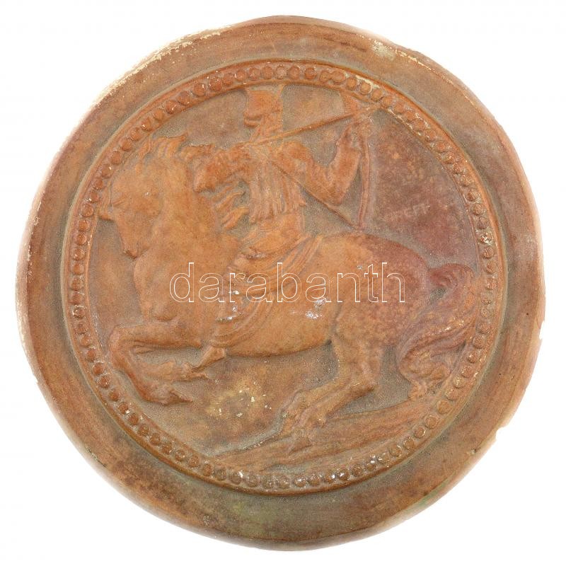 Göröntsér Greff Lajos (1888-1976) DN Jobbra íjjal lövő ősmagyar lovas harcos, mázas gipsz plakett, a Huszár-Procopius 2627-es számú bronz plakettjének változata (99mm) T:2