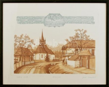 Gaál Domonkos (1940-2009): Erdélyi emlék. Színes rézkarc, papír, jelzett, üvegezett fa keretben, 29×39 cm