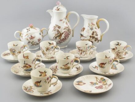 Régi szecessziós, madaras, 8 személyes, teáskészlet, matricás porcelán, jelzés nélkül, kopásokkal, mázrepedésekkel,