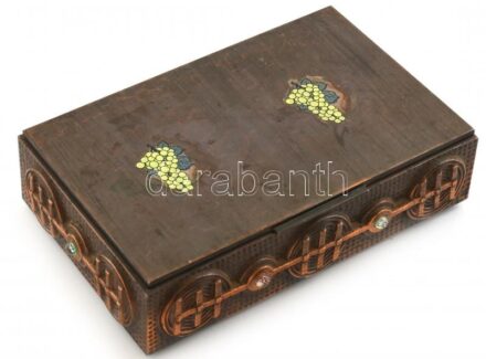Szocreál fém doboz, szőlő motívummal, kopott, sérülésekkel, 14x22x8 cmcm