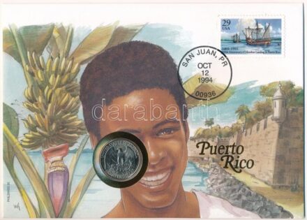 Amerikai Egyesült Államok / Puerto Rico 1993. 25c Cu felbélyegzett borítékban, bélyegzéssel, német nyelvű leírással T:1- kis karc USA / Puerto Rico 1993. 25 Cents Cu in envelope with stamp, cancellation and a prospectus in german C:AU