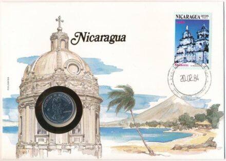 Nicaragua 1983. 50c acél felbélyegzett borítékon, bélyegzéssel, német nyelvű leírással T:1 kis patina Nicaragua 1983. 50 Centavos steel in envelope with stamp, with German description C:UNC small patina