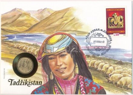 Tadzsikisztán felbélyegzett borítékban, bélyegzéssel, német nyelvű tájékoztatóval, benne Oroszország 1992. 5R acél T:1- patina Tajikistan in envelope with stamp, cancellation and a prospectus in german, in it Russia 1992. 5 Rubles