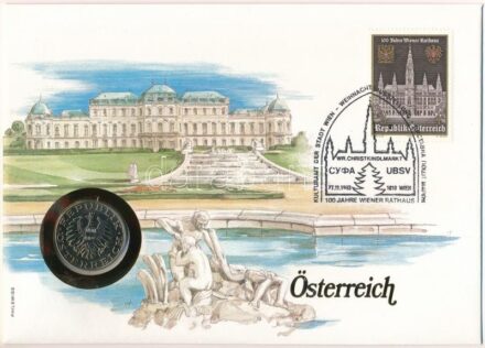 Ausztria 1983. 10Sch Cu-Ni felbélyegzett borítékban, bélyegzéssel, német nyelvű leírással T:1- patina Austria 1983. 10 Schilling Cu-Ni in envelope with stamp, cancellation and a prospectus in german C:AU patina