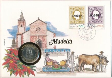 Portugália / Madeira 1981. 25E Cu-Ni felbélyegzett borítékon, bélyegzéssel, német nyelvű leírással T:1 patina Portugal / Madeira 1981. 25 Escudos Cu-Ni in envelope with stamp, cancellation and a prospectus in german C:UNC patina