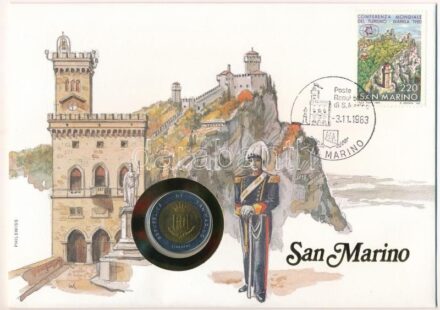 San Marino 1983. 500L bimetál 'Az atomháború fenyegetése' felbélyegzett borítékban, bélyegzéssel, német nyelvű leírással T:1 patina San Marino 1983. 500 Lire Bimetallic 'Threat of Nuclear War' in envelope with stamp, cancellation and