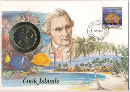 Cook-szigetek 1987. 50c Cu-Ni felbélyegzett borítékban, bélyegzéssel, német nyelvű leírással T:1 patina Cook Islands 1987. 50 Cent Cu-Ni in envelope with stamp, with German description C:UNC patina