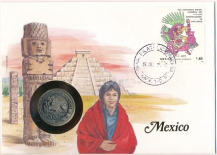 Mexikó 1981. 1P Cu-Ni, felbélyegzett borítékban, bélyegzéssel, német nyelvű leírással T:1 kis patina Mexico 1981. 1 Peso Cu-Ni in envelope with stamp, cancellation and a description in german C:UNC small patina