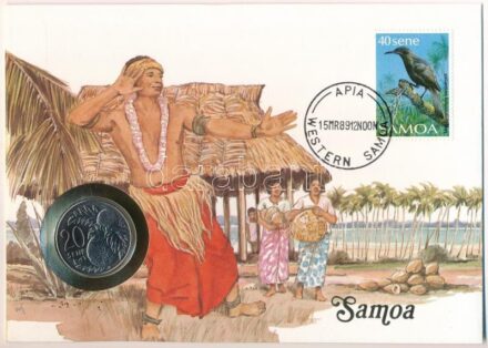 Samoa 1988. 20s Cu-Ni felbélyegzett borítékban, bélyegzéssel, német nyelvű leírással T:1 Samoa 1988. 20 Sene Cu-Ni in envelope with stamp, cancellation, and a description in german C:UNC