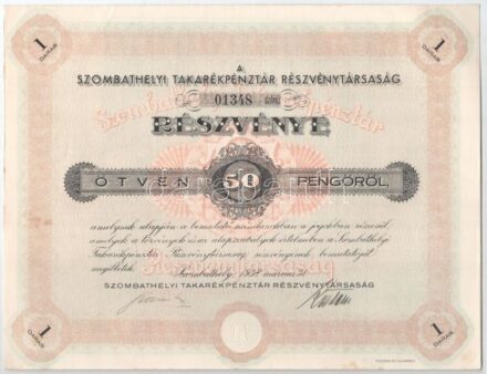 Szombathely 1938. 'Szombathelyi Takarékpénztár Részvénytársaság' részvénye 50P-ről, szelvényekkel, szárazpecséttel T:I- helyenként kis folt
