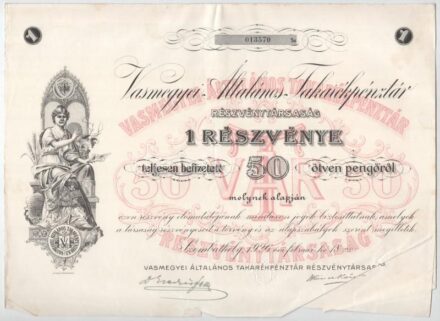 Szombathely 1926. 'Vas Megyei Általános Takarékpénztár' névre szóló részvény 50P-ról, szelvényekkel, szárazpecséttel T:II,II-