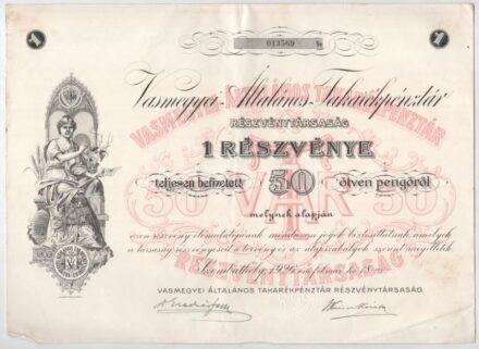 Szombathely 1926. 'Vas Megyei Általános Takarékpénztár' névre szóló részvény 50P-ról, szelvényekkel, szárazpecséttel T:II,II-