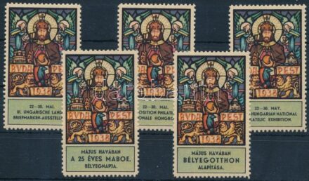 1938 Szt. István év - III. Magyar Nemzeti Bélyegkiállítás, Május havában Bélyegotthon alapítása, 25 éves a MABOE bélyegnapja 5 db klf levélzáró