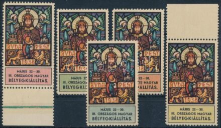1938 Szt. István év - III. Magyar Nemzeti Bélyegkiállítás, Május havában Bélyegotthon alapítása, 25 éves a MABOE bélyegnapja 5 db klf levélzáró színváltozatokban, köztük ívszéli is