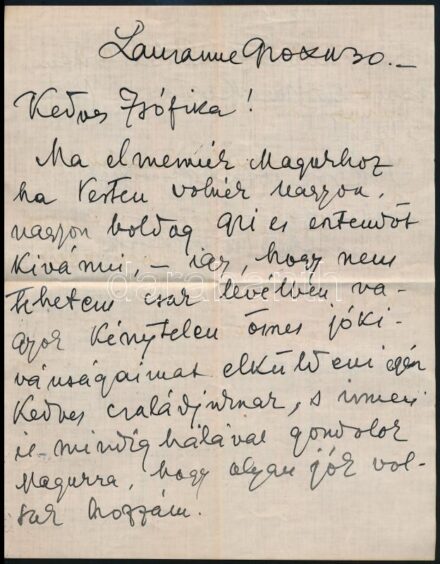 1921 Simon János György (1894-1968) festőművész, grafikus kézzel írt levele Gerő Zsófiának (1895-1966), Gerő Ödön (1863-1939) műkritikus, író lányának, autográf aláírásával. Másfél beírt oldal, eredeti sérült