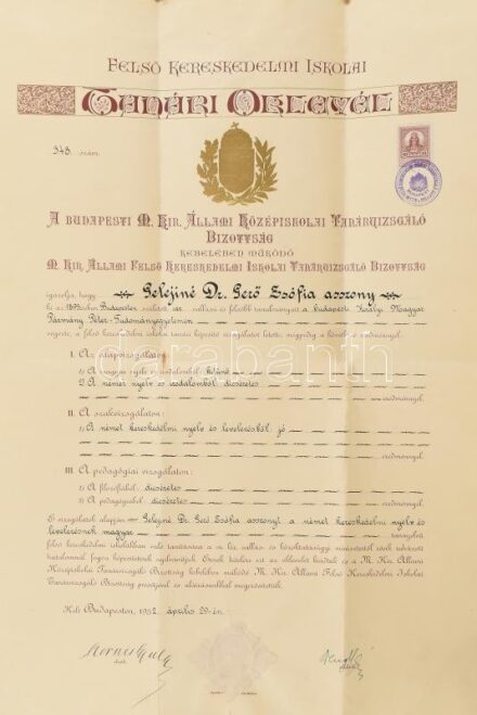 1934 Felső kereskedelmi iskolai tanári oklevél Gerő Zsófia (1895-1966) tanár, Gerő Ödön művészeti író (1863-1939) lánya részére, Kornis Gyula (1885-1958) római katolikus pap, piarista szerzetes, filozófus, egyetemi tanár