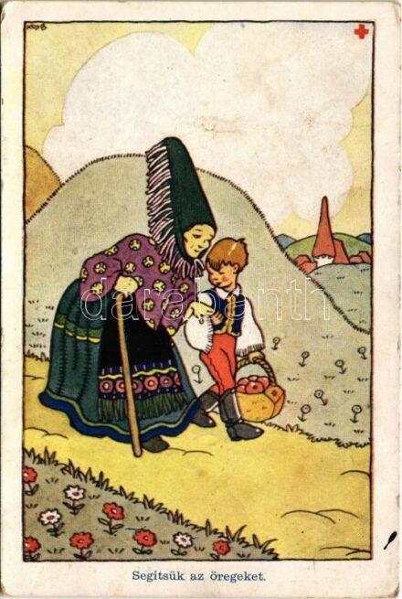 Segítsük az öregeket. Magyar Ifjúsági Vöröskereszt Egyesület kiadása / Hungarian Red Cross propaganda art postcard (gyűrődések / creases)