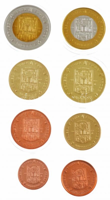 Andorra 2003. 1c-2E (8xklf) próbaveret forgalmi sor karton dísztokban, tanúsítvánnyal T:1 Andorra 2003. 1 Cent - 2 Euro (8xdiff) trial strike coin set in cardboard case, with certificate C:UNC