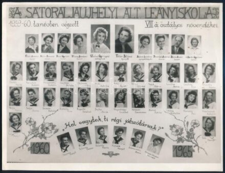 1960 Sátoraljaújhely, Általános Leányiskola tanárai és végzős diákjai, kistabló nevesített portrékkal, Dzubay Árpád sátoraljaújhelyi fényképész hagyatékából vintage fotó, 18x24 cm