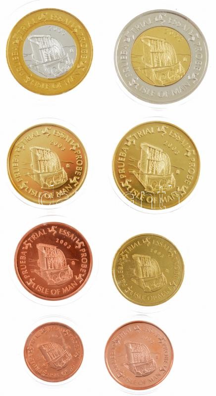 Man-sziget 2003. 1c-2E (8xklf) próbaveret forgalmi sor karton dísztokban, tanúsítvánnyal T:1 Isle of Man 2003. 1 Cent - 2 Euro (8xdiff) trial strike coin set in cardboard case, with certificate C:UNC