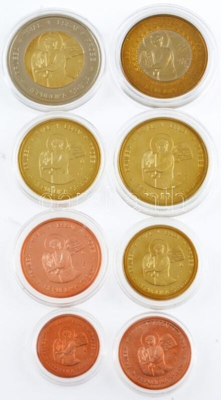 Szerbia 2004. 1c-2E (8xklf) próbaveret forgalmi sor karton dísztokban, tanúsítvánnyal T:1 Serbia 2004. 1 Cent - 2 Euro (8xdiff) trial strike coin set in cardboard case, with certificate C:UNC
