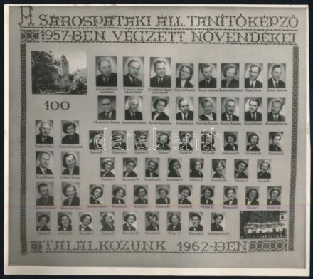 1957 Sárospatak, az Állami Tanítóképző tanárai és végzős diákjai, kistabló nevesített portrékkal, vintage fotó Dzubay fényképész hagyatékából, 18x20,3 cm