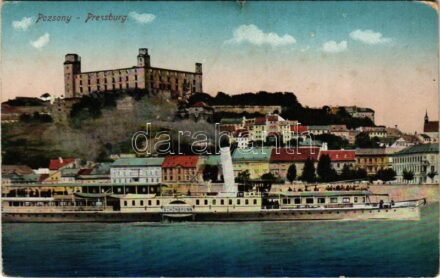 Pozsony, Pressburg, Bratislava; vár, 'Schönbrunn' oldalkerekes gőzhajó / castle, passenger steamship (szakadás / tear)