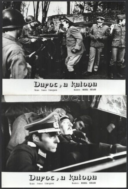 cca 1975 előtti évekből, ,,Dupoc, a katona' című francia film jelenetei és szereplői, 8 db vintage produkciós filmfotó, ezüst zselatinos fotópapíron, kisebb hibákkal, 18x24 cm