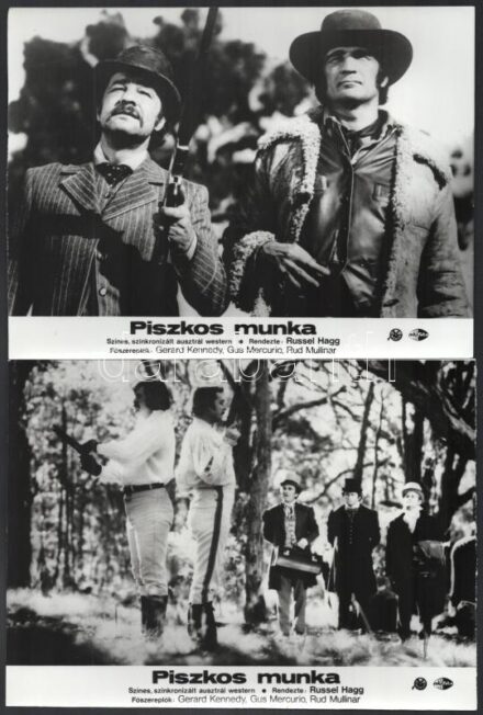 1977 ,,Piszkos munka' című ausztrál westernfilm jelenetei és szereplői, 5 db vintage produkciós filmfotó, ezüst zselatinos fotópapíron, kisebb hibákkal, 18x24 cm