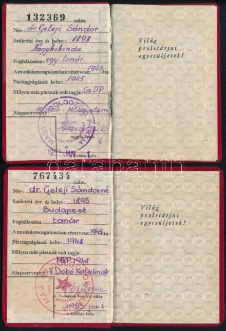 cca 1954-56 Geleji Sándor (1898-1967) Kossuth-díjas professzor, a csepeli Weiss Manfréd Művek korábbi igazgatójának (1945-49) és felesége Gerő Zsófia (1895-1966), Gerő Ödön (1863-1939) műkritikus, író lányának MDP tagsági