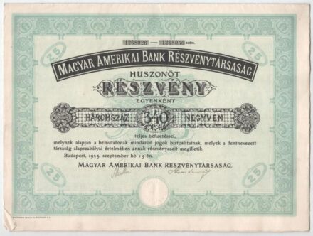 Budapest 1923. 'Magyar Amerikai Bank Részvénytársaság' 25 részvénye egyben, egyenként 340K-ról, szelvényekkel és szárazpecséttel (2x) sorszámkövetők T:III