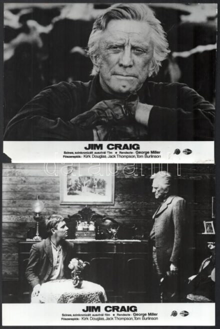 cca 1978 előtt készült, ,,Jim Craig' című ausztrál film jelenetei és szereplői (köztük Kirk Douglas, Jack Thomson, Tom Burlinson), 8 db vintage produkciós filmfotó, ezüst zselatinos fotópapíron, 18x24 cm