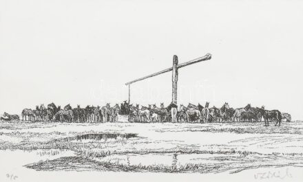 Olvashatatlan jelzéssel: Hortobágy gémeskút. Litográfia, papír, üvegezett fakeretben. 12x20 cm