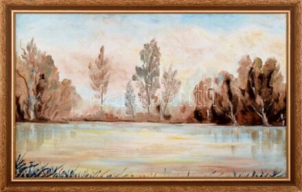 Jelzés nélkül: Tópart. Olaj, farost, fakeretben. 48x78cm