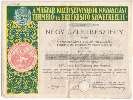 Budapest 1923. 'A Magyar Köztisztviselők Fogyasztási, Termelő- és Értékesítő Szövetkezete' üzletrészjegye 240K-ról, szárazpecséttel, szelvényekkel T:III szakadás
