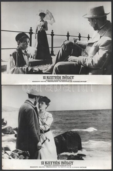 cca 1960 ,,A kutyás hölgy' című szovjet film jelenetei és szereplői, 21 db vintage produkciós filmfotó, ezüst zselatinos fotópapíron, kisebb hibák a használatból eredően, 18x24 cm