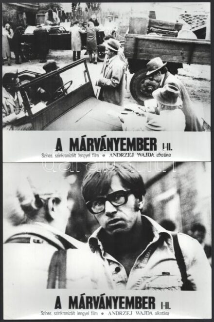 1977 Andrzej Wajda: ,,A márványember' című lengyel filmjének jelenetei és szereplői, 16 db vintage produkciós filmfotó, ezüst zselatinos fotópapíron, 18x24 cm