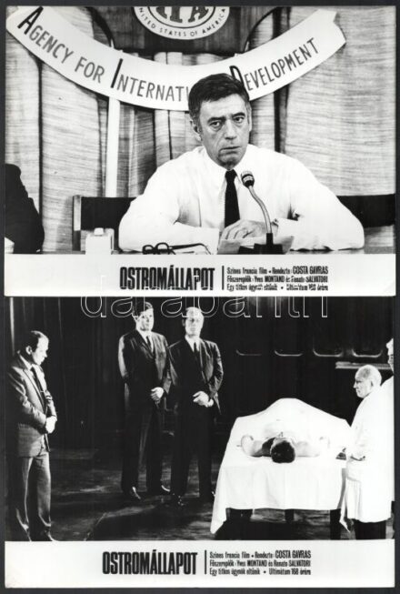 1973 ,,Ostromállapot' című francia film jelenetei és szereplői (köztük Yves Montand, Renato Salvatori)), 17 db vintage produkciós filmfotó, ezüst zselatinos fotópapíron, kisebb hibák a használatból eredően, 18x24 cm