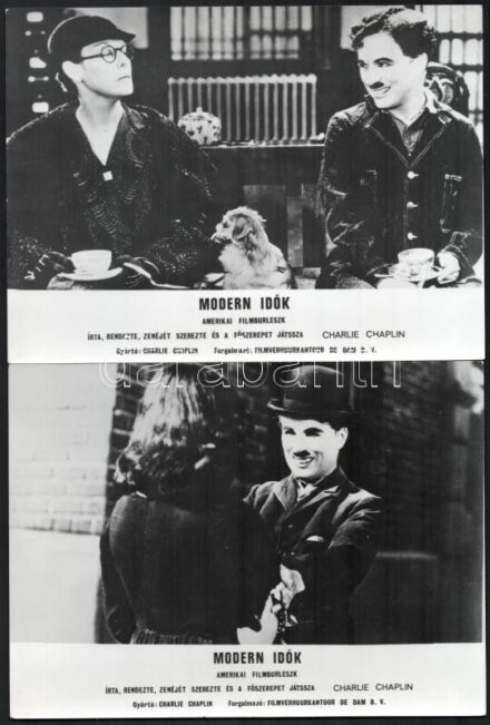 Charlie Chaplin: ,,Modern idők' című filmjének jelenetei, 13 db vintage produkciós filmfotó, ezüst zselatinos fotópapíron, 18x24 cm
