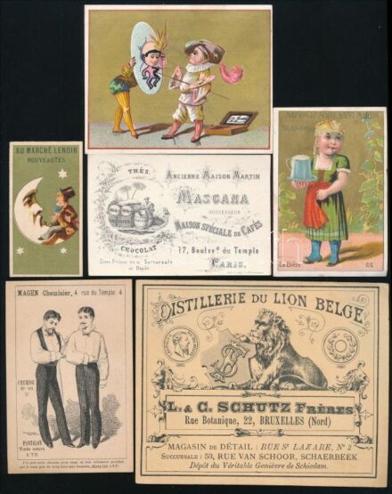 cca 1880 6 db csokoládés, alkoholos ital és egyéb áru litho gyűjtő kártya / Beverages and coffe litho cards