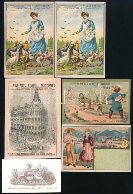 cca 1880 6 db különféle árut reklámozó képes és litho gyűjtő kártya / Commercial goods litho cards