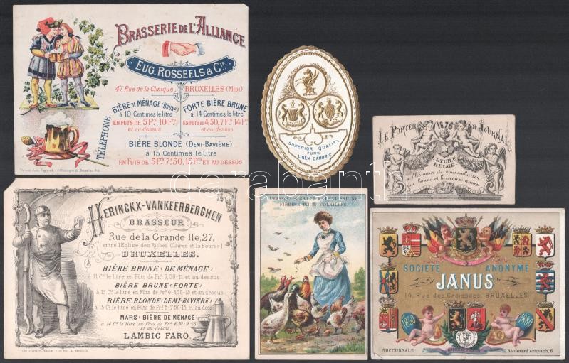 cca 1880 6 db különféle árut reklámozó képes és litho gyűjtő kártya / Commercial goods litho cards