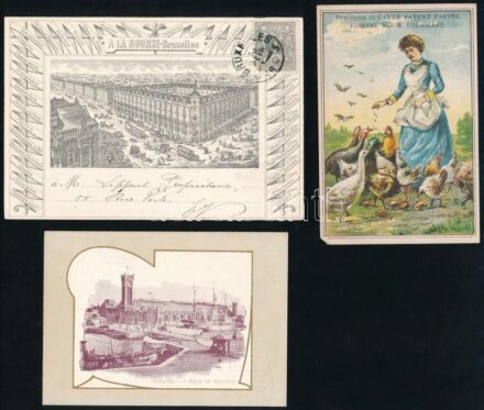 cca 1880 6 db különféle árut reklámozó képes és litho gyűjtő kártya / Commercial goods litho cards