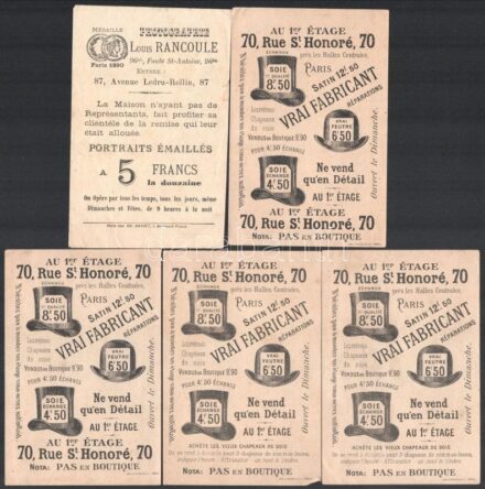 cca 1880 5 db különféle kalapárust reklámozó képes gyűjtő kártya / Hat maker goods litho cards