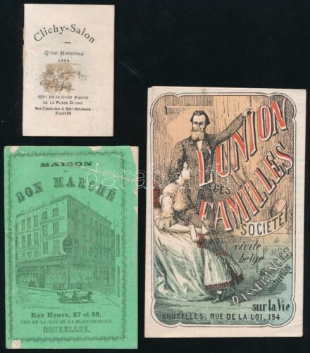 cca 1880 3 db belga és párizsi reklám füzet: ékt divatáruház képekkel, egy biztosító társaság / Belgian and French advertising booklets 2 fashion, one insurance company