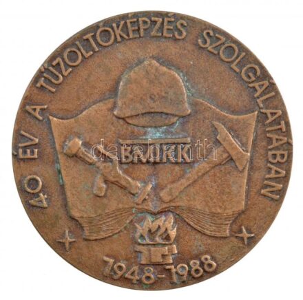 1988. '40 év a tűzoltóképzés szolgálatában 1948-1988' egyoldalas, öntött bronz emlékérem (96mm) T:1- kis patina