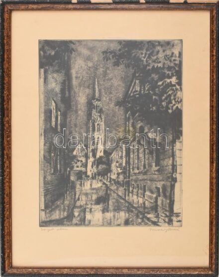Imre István (1918-1983): Mátyás templom (Zápor után). Rézkarc, papír, jelzett. Üvegezett, sérült keretben, 39×30 cm