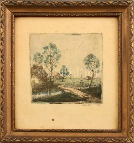 Meggyes jelzéssel: Táj, színezett rézkarc, papír, jelzett, üvegezett fakeretben, lap széle kissé foltos, 9×9,5 cm