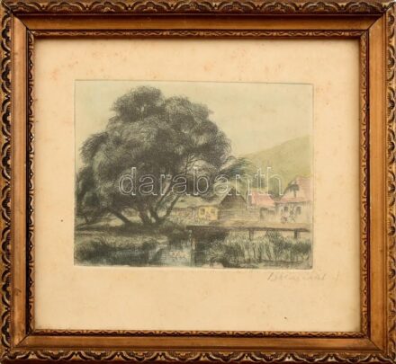 Boldizsár István (1897-1984): Nagybánya. Rézkarc, papír, jelzett, üvegezett fakeretben, 10x13 cm